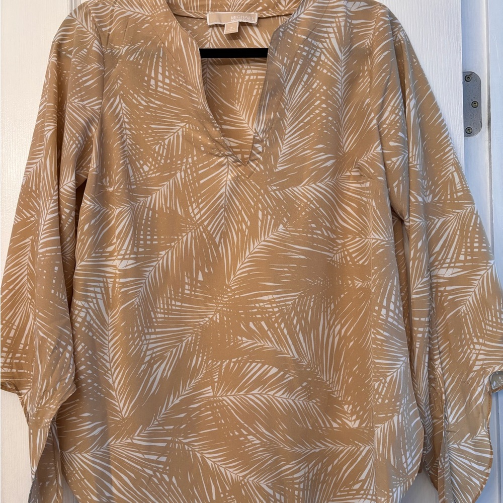 Michael Kors Lightweight Beige Palm-Print V-Neck Blouse - Women's Top
